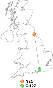 map showing distance between NE1 and GU27