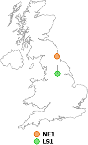 map showing distance between NE1 and LS1