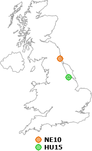 map showing distance between NE10 and HU15