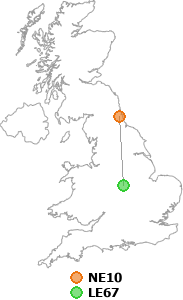 map showing distance between NE10 and LE67