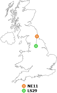 map showing distance between NE11 and LS29