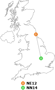 map showing distance between NE12 and NN14