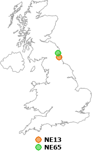 map showing distance between NE13 and NE65