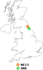 map showing distance between NE13 and SR8