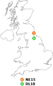 map showing distance between NE15 and DL10