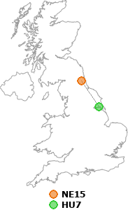 map showing distance between NE15 and HU7