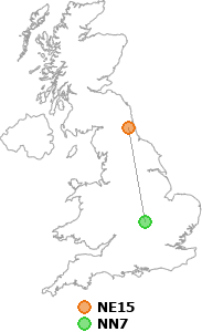 map showing distance between NE15 and NN7