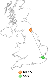 map showing distance between NE15 and SS2