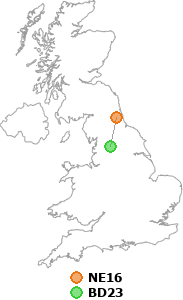 map showing distance between NE16 and BD23