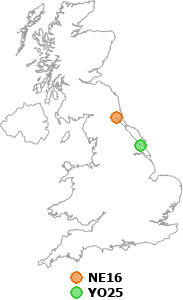 map showing distance between NE16 and YO25