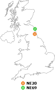 map showing distance between NE20 and NE69