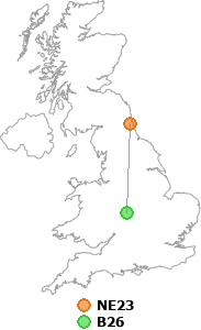 map showing distance between NE23 and B26