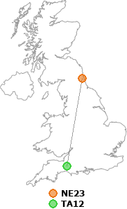 map showing distance between NE23 and TA12