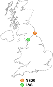 map showing distance between NE29 and LA8