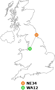 map showing distance between NE34 and WA12