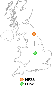 map showing distance between NE38 and LE67
