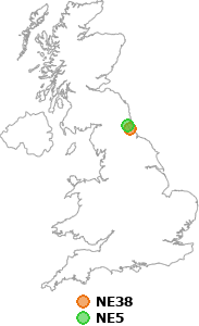 map showing distance between NE38 and NE5