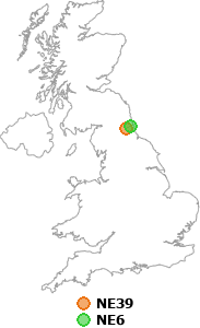 map showing distance between NE39 and NE6