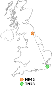 map showing distance between NE42 and TN23