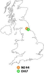 map showing distance between NE44 and DH7