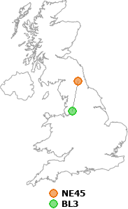 map showing distance between NE45 and BL3