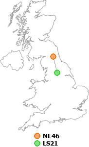 map showing distance between NE46 and LS21