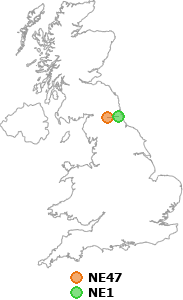 map showing distance between NE47 and NE1