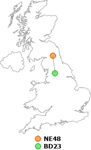 map showing distance between NE48 and BD23