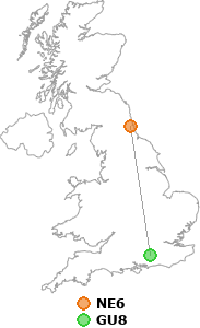 map showing distance between NE6 and GU8