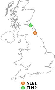 map showing distance between NE61 and EH42