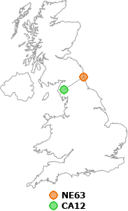 map showing distance between NE63 and CA12