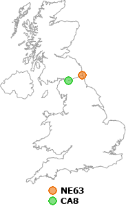 map showing distance between NE63 and CA8