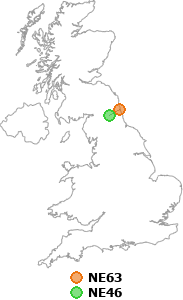 map showing distance between NE63 and NE46