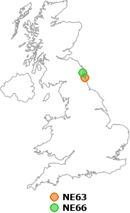 map showing distance between NE63 and NE66