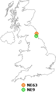 map showing distance between NE63 and NE9