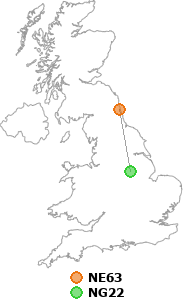 map showing distance between NE63 and NG22