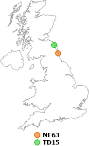 map showing distance between NE63 and TD15