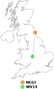 map showing distance between NE63 and WV14
