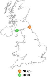 map showing distance between NE65 and DG8