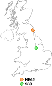 map showing distance between NE65 and S80