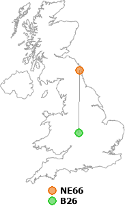 map showing distance between NE66 and B26