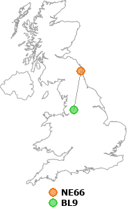 map showing distance between NE66 and BL9