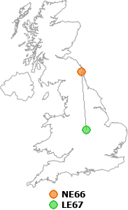 map showing distance between NE66 and LE67