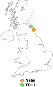 map showing distance between NE66 and TD11