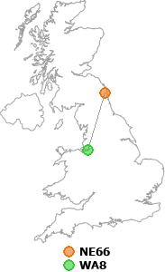 map showing distance between NE66 and WA8