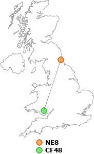 map showing distance between NE8 and CF48