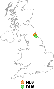 map showing distance between NE8 and DH6