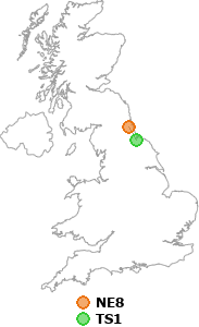 map showing distance between NE8 and TS1