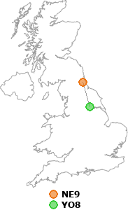 map showing distance between NE9 and YO8