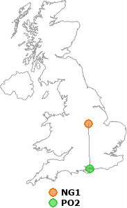 map showing distance between NG1 and PO2